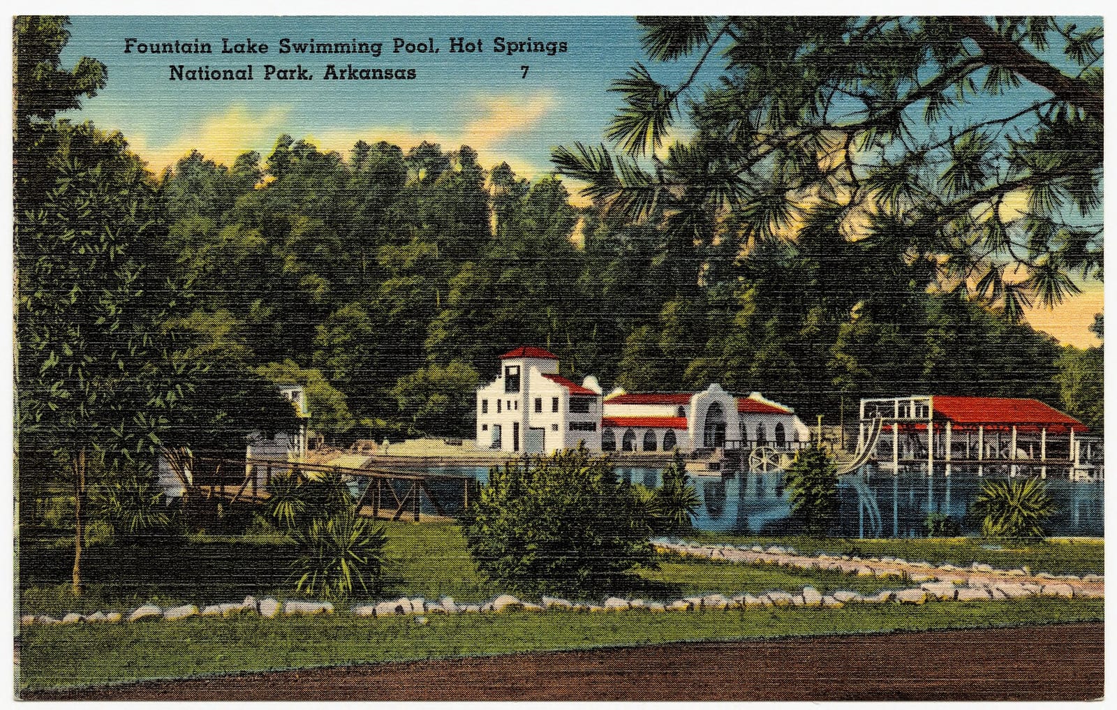 Title: Fountain Lake Swimming Pool, Hot Springs National Park, Arkansas Subjects: Parks; Sports &amp; recreation facilities Places: Arkansas &gt; Garland (count