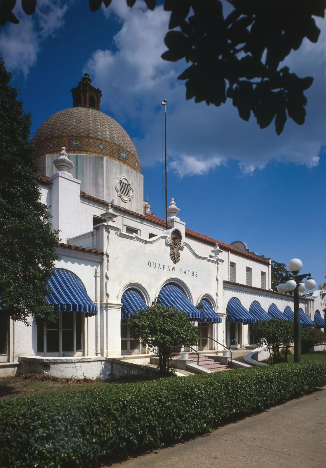 WEST FRONT, FROM NORTHWEST, Detail of Quapaw Baths , Bathhouse Row, in Arkansas. Historic American Buildings Survey, HABS image - by Jack E. Boucher, 1984.