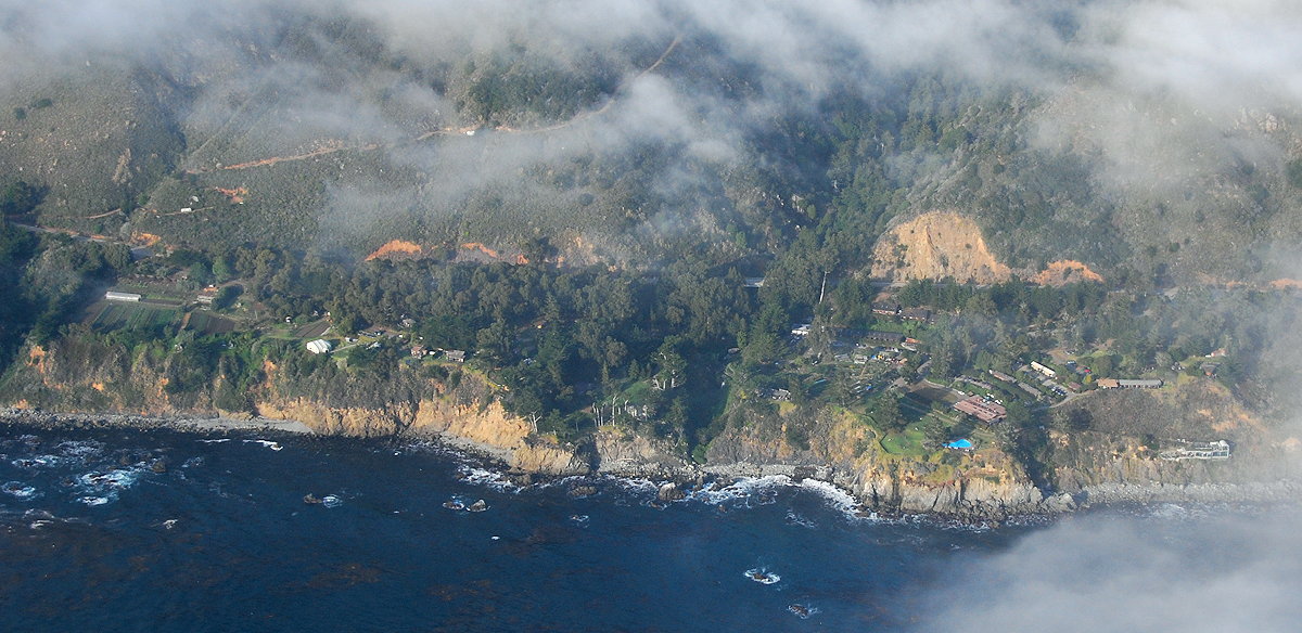 Aerial view of Esalen Institute on the Big Sur coast