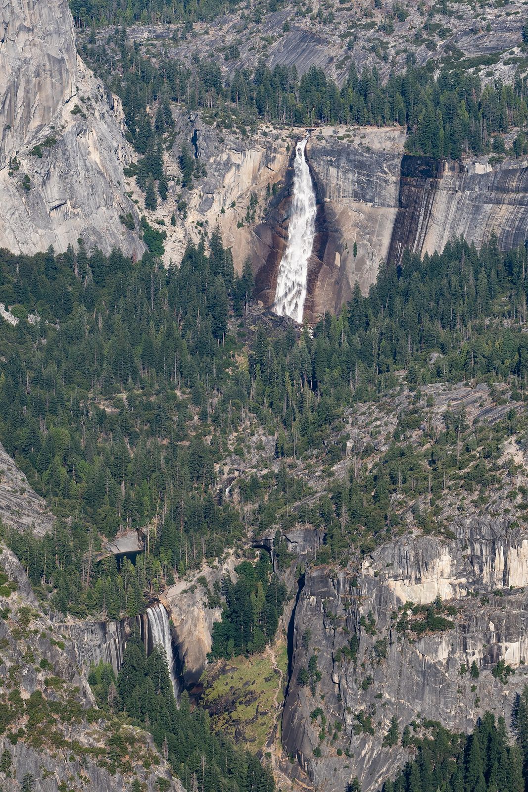 Nevada Fall (top) and Vernal Fall (bottom) in Yosemite National Park (California), viewed from Glacier Point