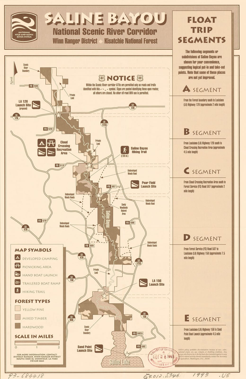 Shows float trip segments and sites for camping, picnicking, hand boat launch, and trailered boat ramp, and hiking trails. Panel title: Saline Bayou National Sc