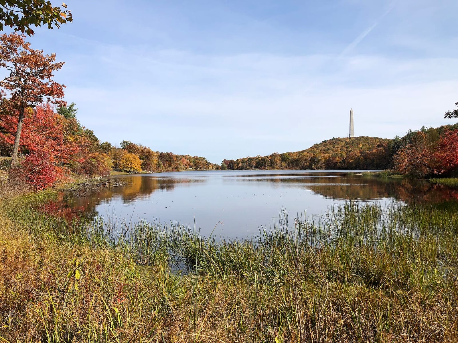 View of High Point, New Jersey from the shore of Lake Marcia within High Point State Park in Montague Township, Sussex County, New Jersey