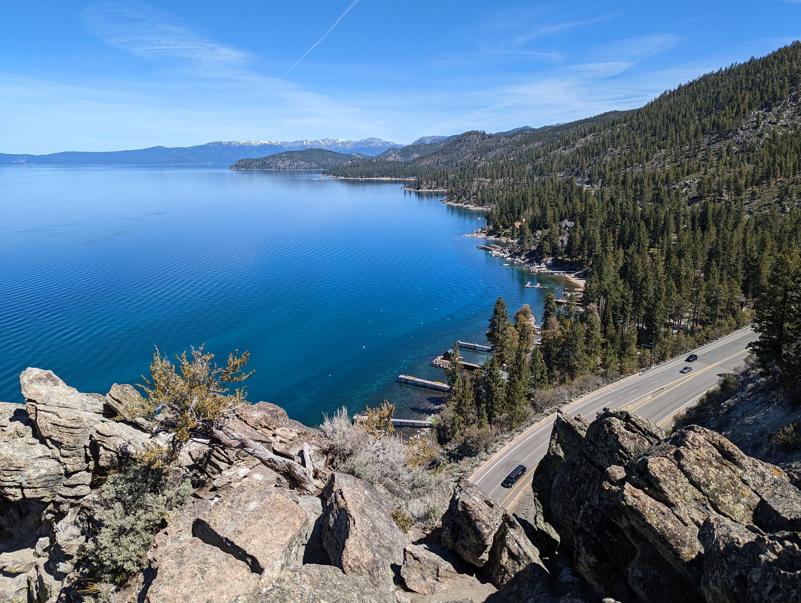 Lake Tahoe's east shore and US 50 seen from Cave Rock