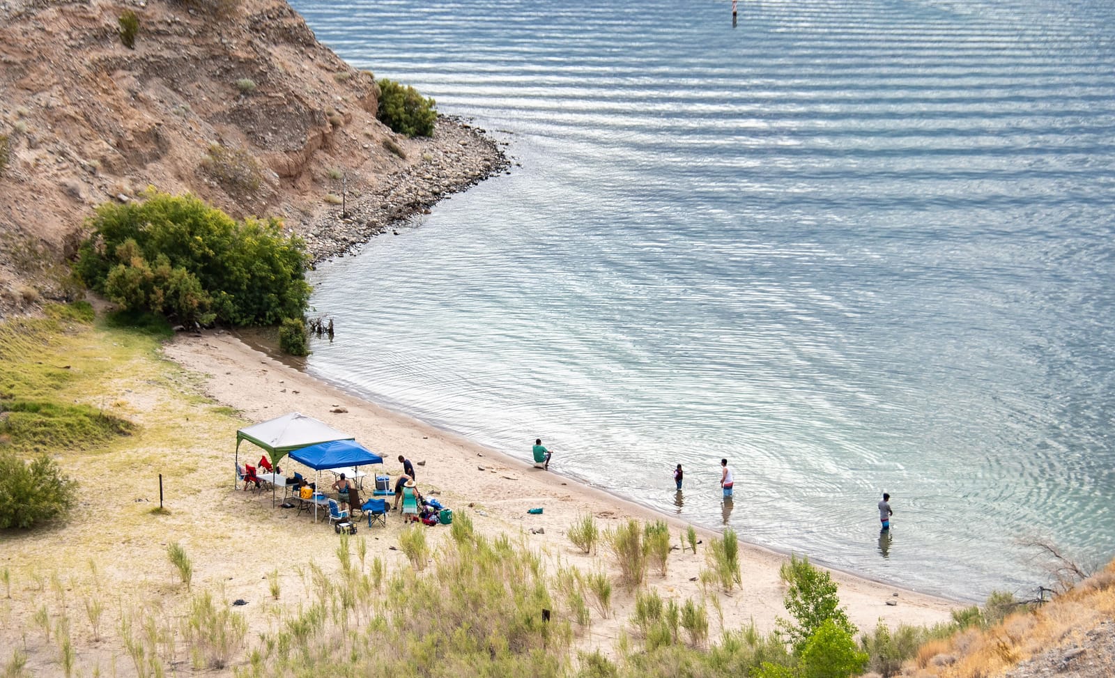 Swimmers and shade canopies at the Cottonwood Cove swim beach, seen from above