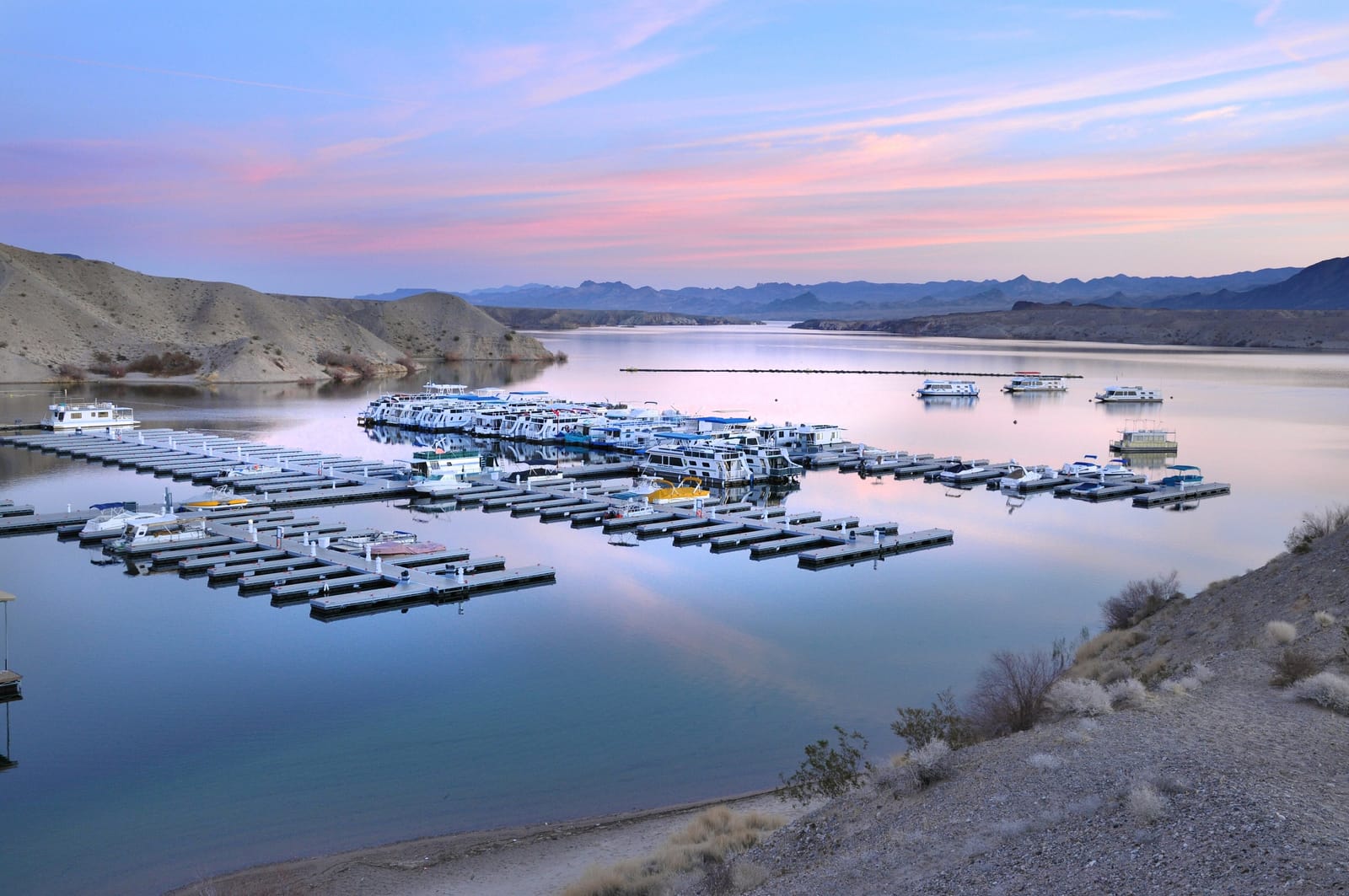 Cottonwood Cove marina on Lake Mohave at dusk