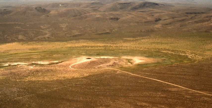 Aerial view of the travertine dome of Diana's Punch Bowl in Monitor Valley, 1988