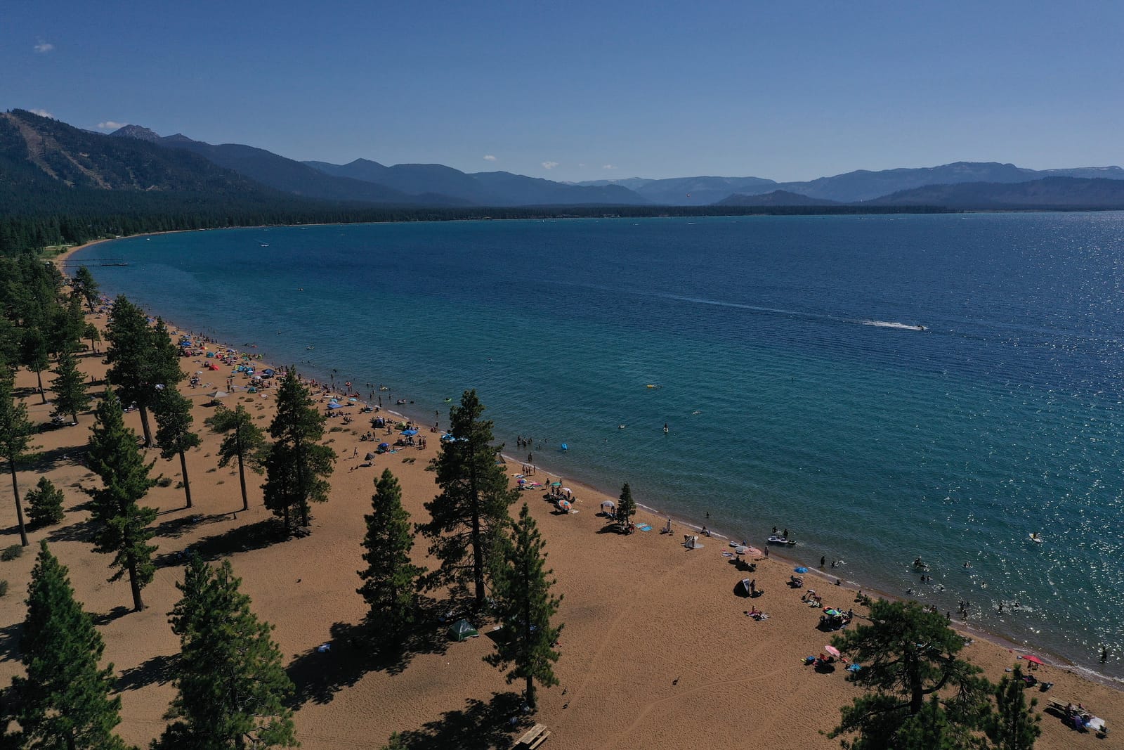 Nevada Beach and Lake Tahoe seen from above, August 2019
