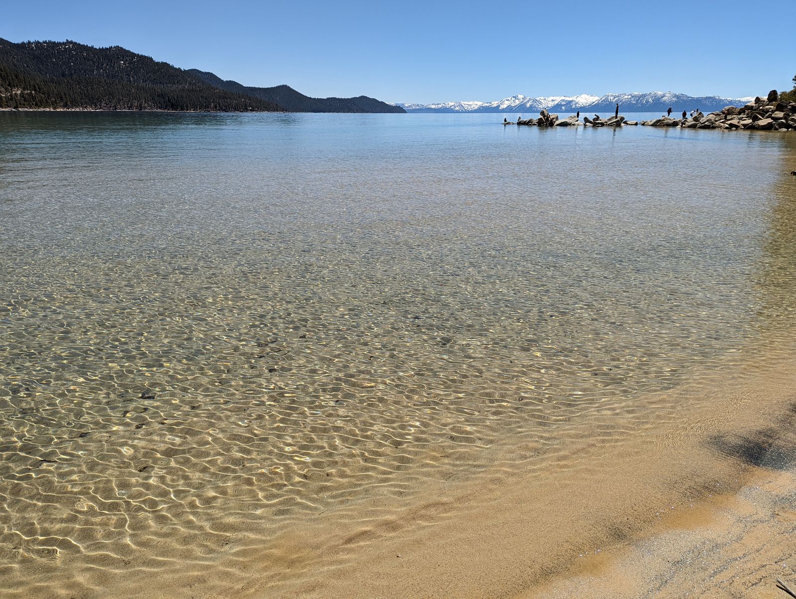 Clear, shallow water over the sand at Sand Harbor, Lake Tahoe