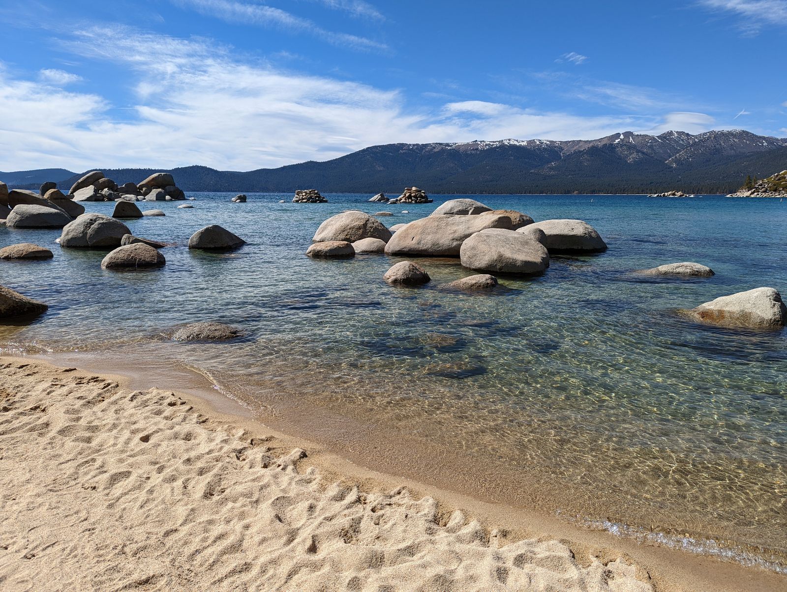 Granite boulders and sandy beach at Sand Harbor on Lake Tahoe's east shore