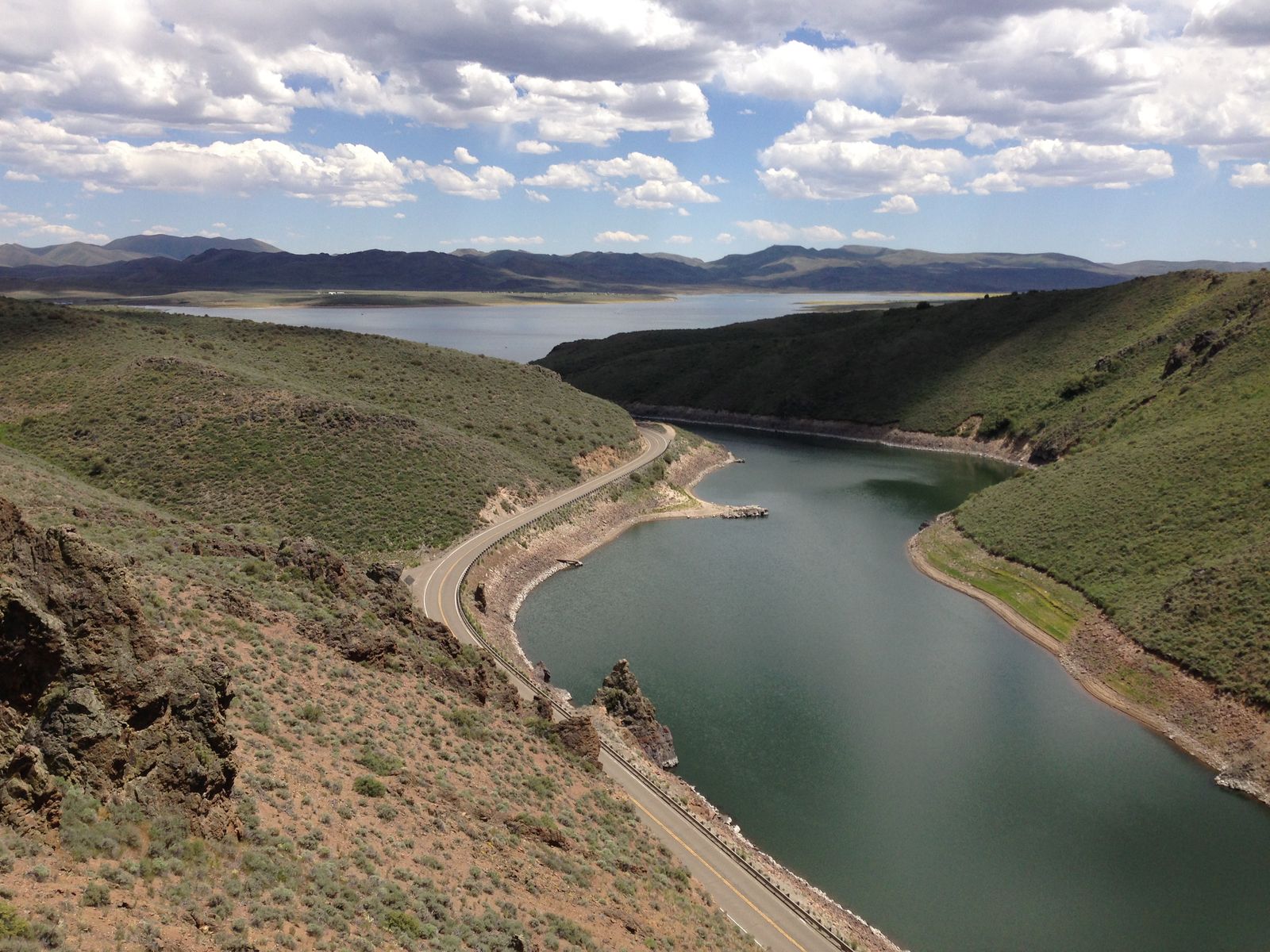 Wild Horse Reservoir from above the dam, with State Route 225 along the shore