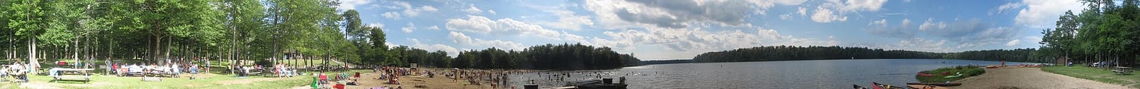 Panorama of Beach 2 on Lake Jean in Ricketts Glen State Park , Fairmount Township, Luzerne County, Pennsylvania, USA.