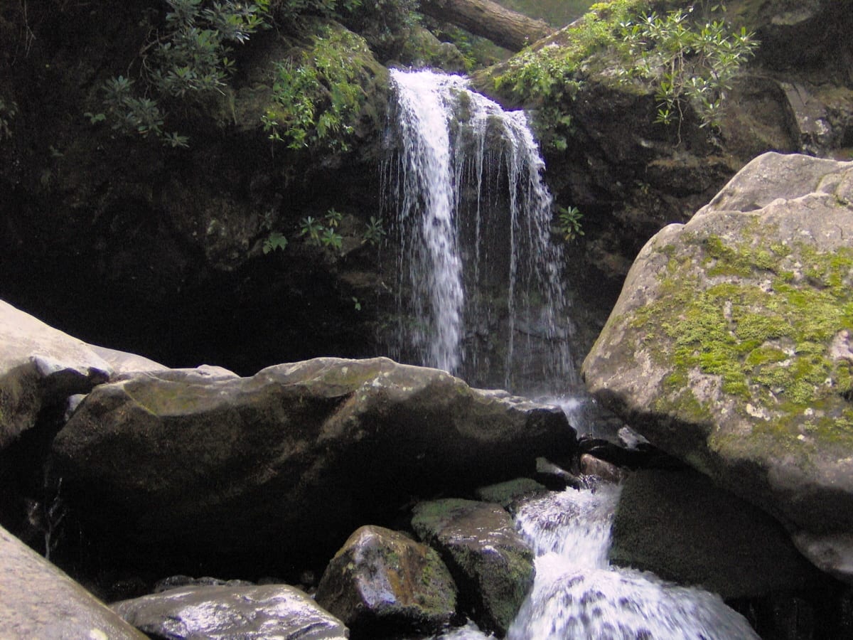 Grotto Falls along Roaring Fork in the Great Smoky Mountains of Sevier County, Tennessee, USA. This waterfall is located along the Trillium Gap Trail, just off 
