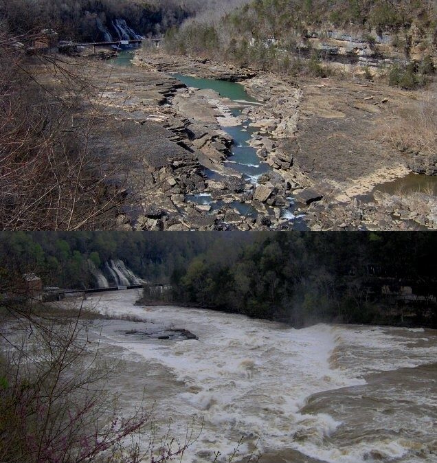 Looking northwest from the Gorge Overlook at Rock Island State Park in Tennessee, located in the Southeastern United States.  The top picture was taken in early