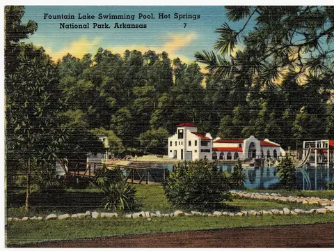Title: Fountain Lake Swimming Pool, Hot Springs National Park, Arkansas Subjects: Parks; Sports &amp; recreation facilities Places: Arkansas &gt; Garland (count