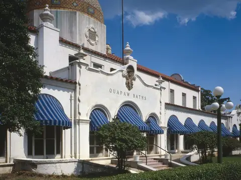 WEST FRONT, FROM NORTHWEST, Detail of Quapaw Baths , Bathhouse Row, in Arkansas. Historic American Buildings Survey, HABS image - by Jack E. Boucher, 1984.
