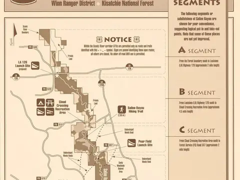 Shows float trip segments and sites for camping, picnicking, hand boat launch, and trailered boat ramp, and hiking trails. Panel title: Saline Bayou National Sc