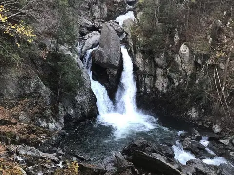 This image was taken on the main trail at Bash Bish Falls state park. It is a direct shot of the waterfall and surrounding foliage.