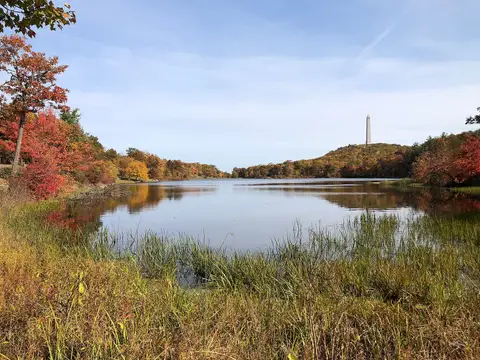 View of High Point, New Jersey from the shore of Lake Marcia within High Point State Park in Montague Township, Sussex County, New Jersey