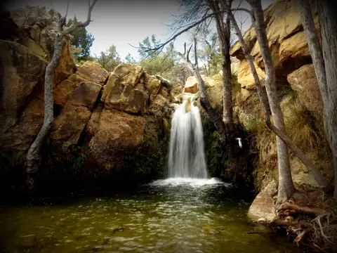 The First Creek grotto waterfall flowing after snow, February 2015
