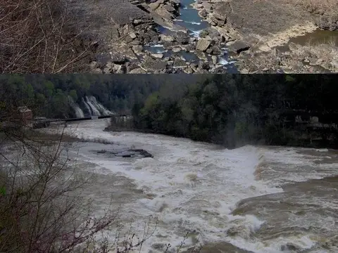 Looking northwest from the Gorge Overlook at Rock Island State Park in Tennessee, located in the Southeastern United States.  The top picture was taken in early