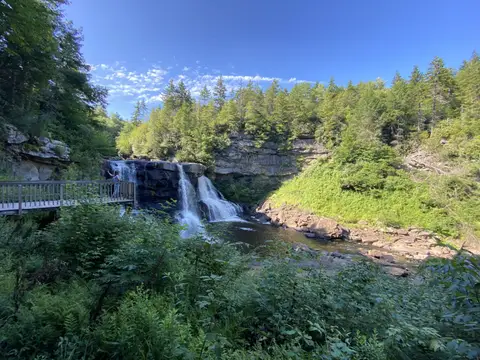 This is a photograph of the waterfalls located in Blackwater Falls State Park in West Virginia. The photo is taken from a lower viewing deck, with the higher vi